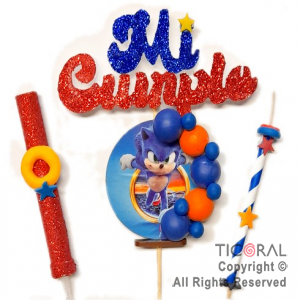 SET TOPPER MI CUMPLE SONIC CON BENGALA Y VELA CON APLIQUE X 1